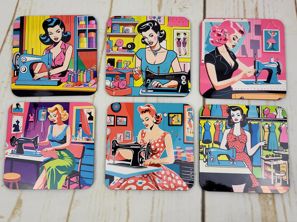 Pop Art Sewing Divas #1, Drink Coasters - Set of 6 - Bespoke