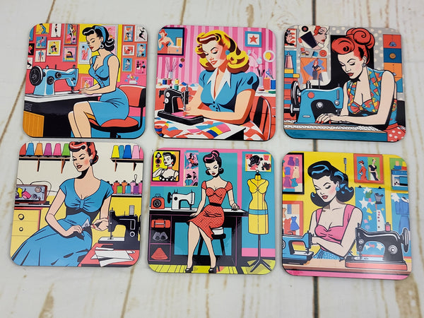 Pop Art Sewing Divas #2, Drink Coasters - Set of 6 - Bespoke