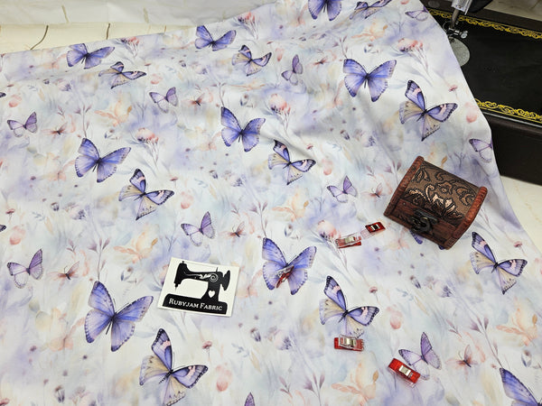 Butterfly Field - Purple - cotton lycra - 150cm wide