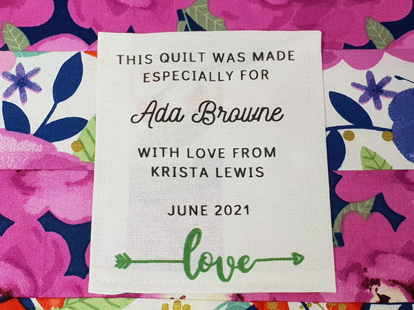 Custom Made QUILT LABEL, organic quilting cotton, Style 16 - Green Love Arrow