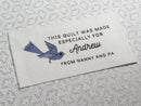 Custom Made QUILT LABEL, organic quilting cotton, Style 36 - Blue Bird