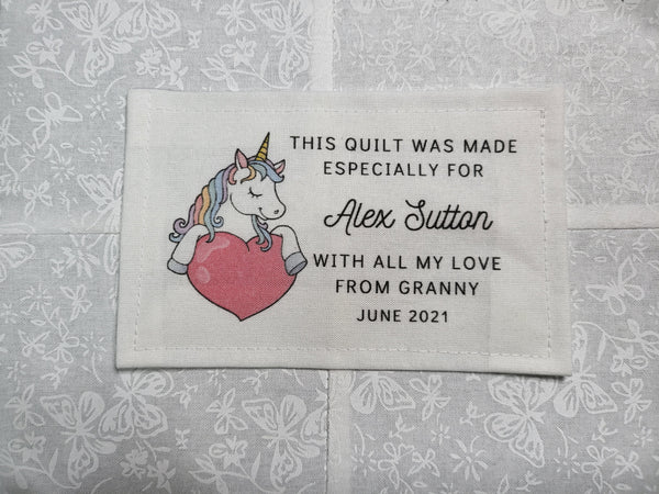 Custom Made QUILT LABEL, organic quilting cotton, Style 57 - Unicorn Heart