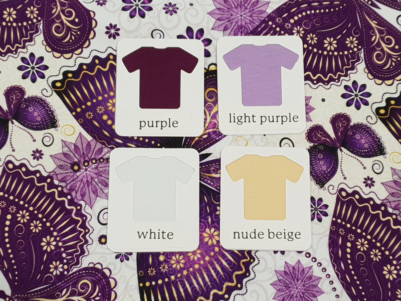 Purple Butterflies on White - cotton lycra - 150cm wide - clearance