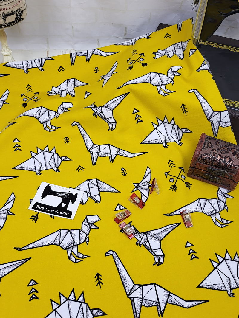 Yellow Origami Dinosaurs - cotton lycra - 150cm wide