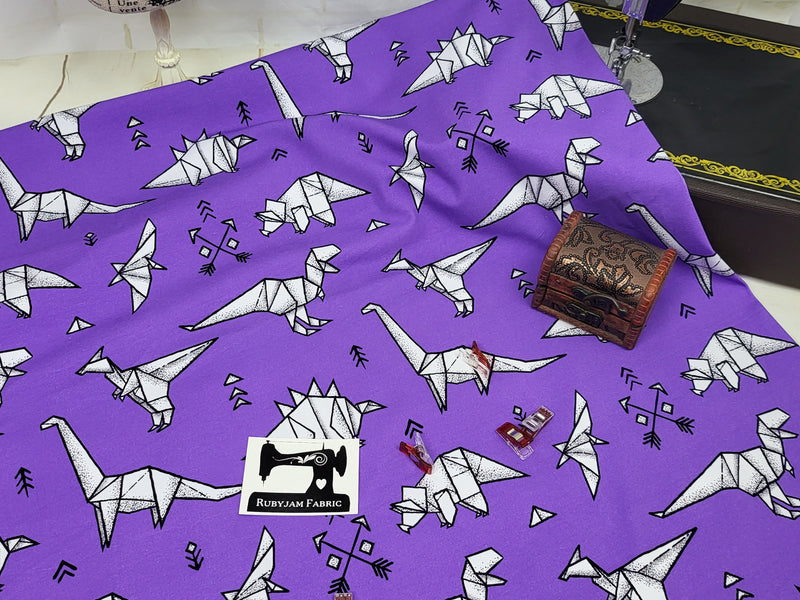 Purple Origami Dinosaurs - cotton lycra - 150cm wide