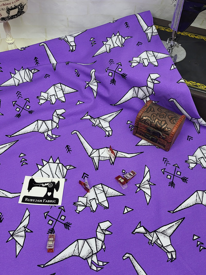 Purple Origami Dinosaurs - cotton lycra - 150cm wide
