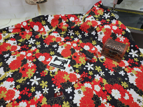 Red Black Japanese Inspired Floral - cotton lycra - 150cm wide