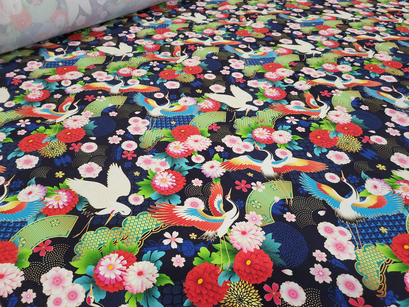 Cranes on Navy - cotton lycra - 150cm wide