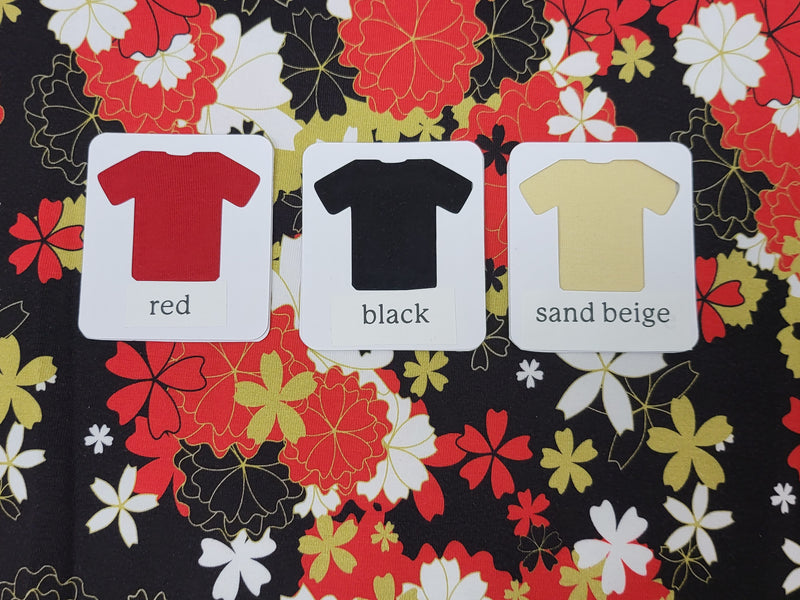 Red Black Japanese Inspired Floral - cotton lycra - 150cm wide
