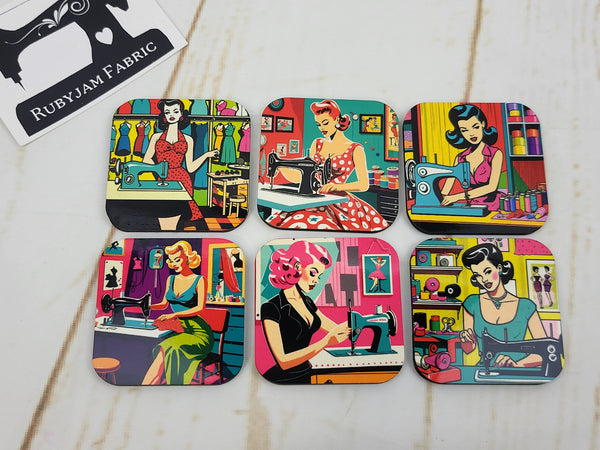 Pop Art Sewing Divas #1, Square Magnets - Set of 6 - Bespoke