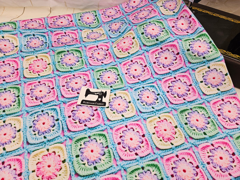 Faux Crochet Granny Squares - cotton lycra FRENCH TERRY - 150cm wide