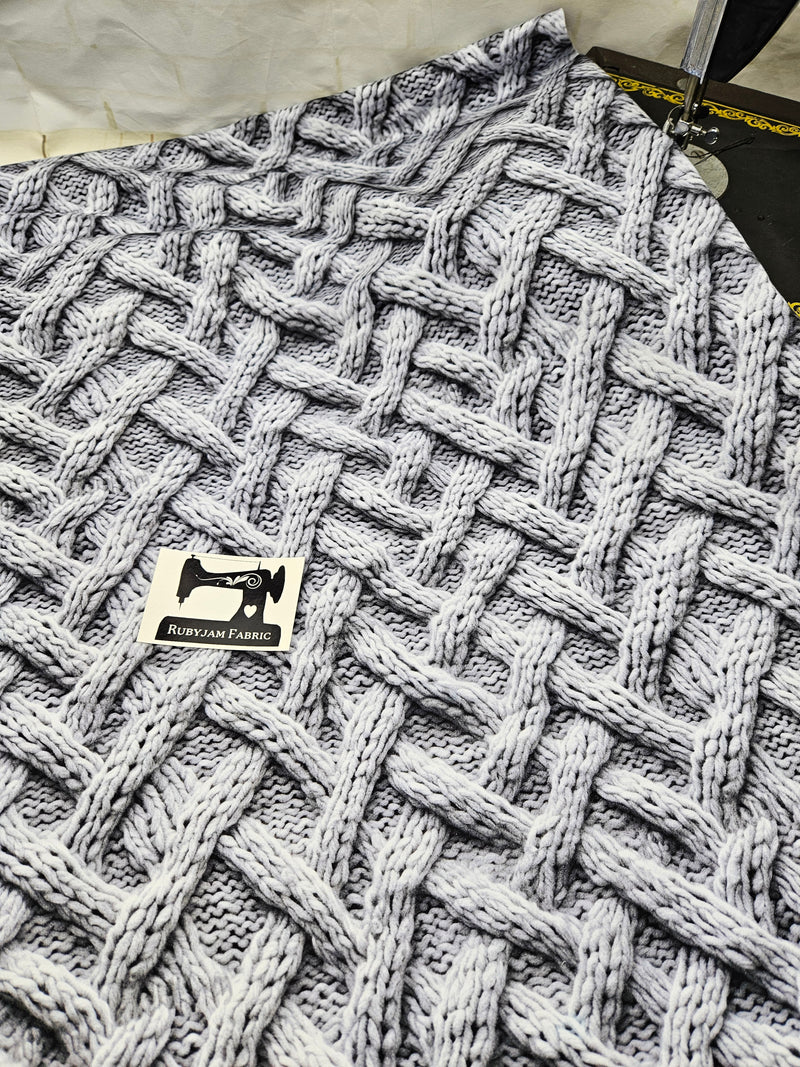 Faux Knitted Cable Knit Grey - cotton lycra FRENCH TERRY - 150cm wide
