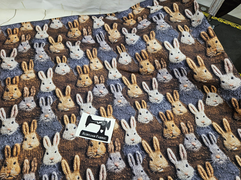 Faux Knitted Rabbits Brown - cotton lycra FRENCH TERRY - 150cm wide