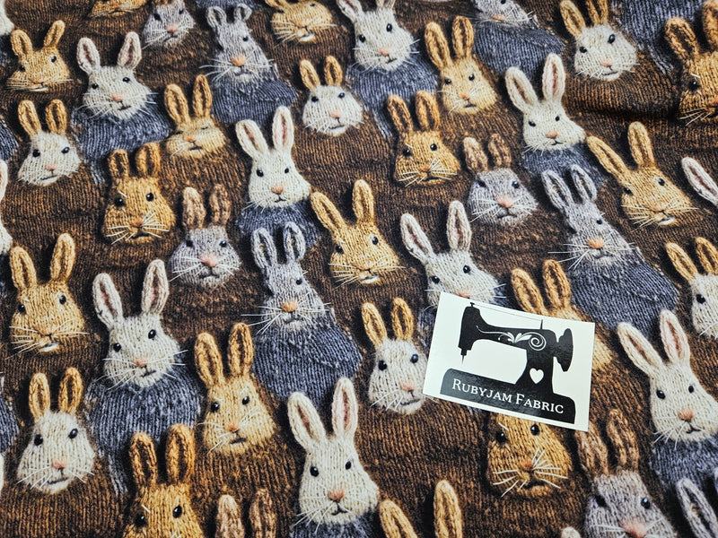Faux Knitted Rabbits Brown - cotton lycra FRENCH TERRY - 150cm wide