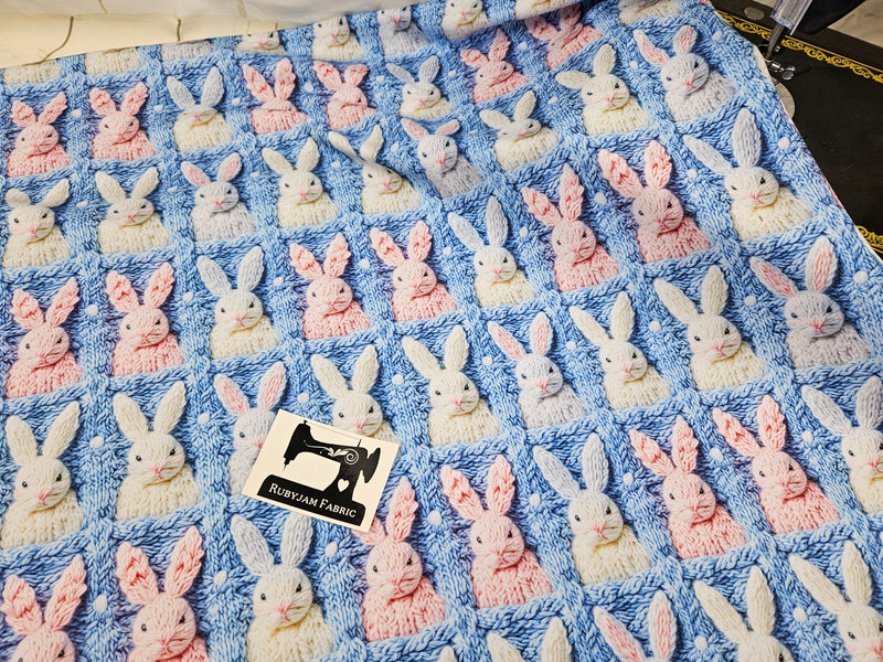 Faux Knitted Rabbits Blue - cotton lycra FRENCH TERRY - 150cm wide
