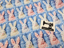 Faux Knitted Rabbits Blue - cotton lycra FRENCH TERRY - 150cm wide