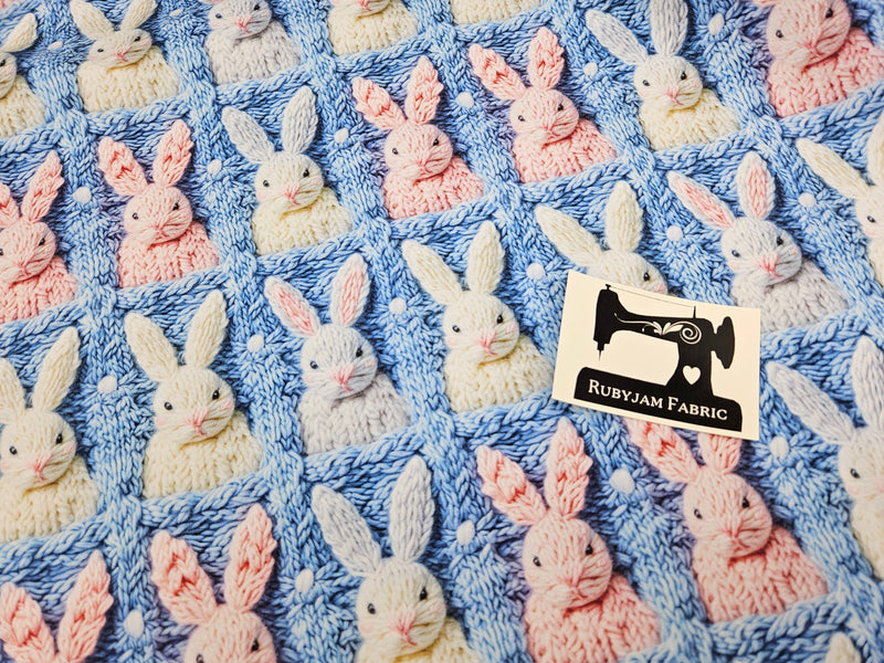 Faux Knitted Rabbits Blue - cotton lycra FRENCH TERRY - 150cm wide