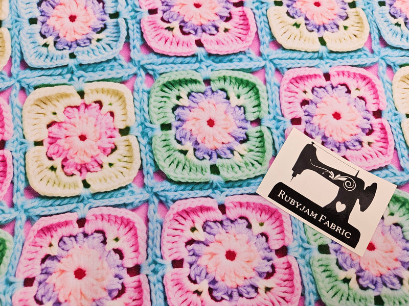 Faux Crochet Granny Squares - cotton lycra FRENCH TERRY - 150cm wide
