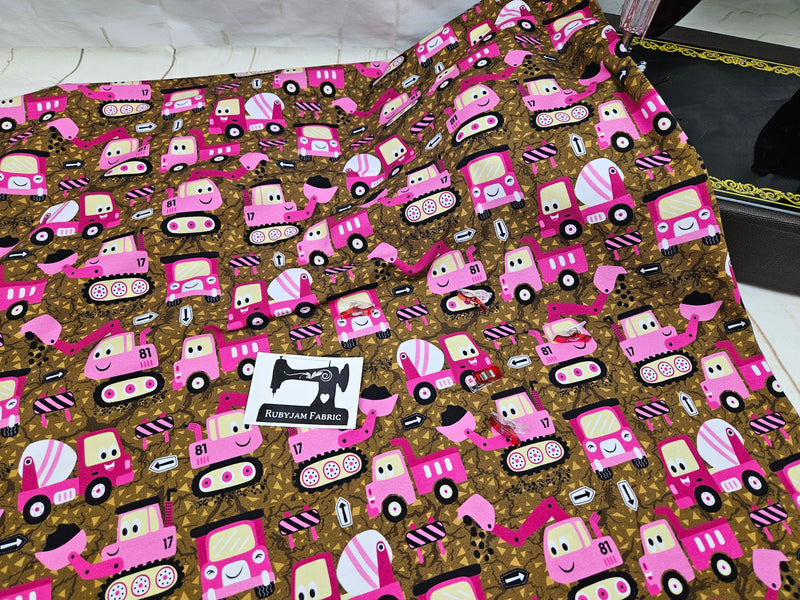 Pink Digger Trucks - cotton lycra - 150cm wide