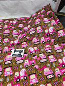 Pink Digger Trucks - cotton lycra - 150cm wide