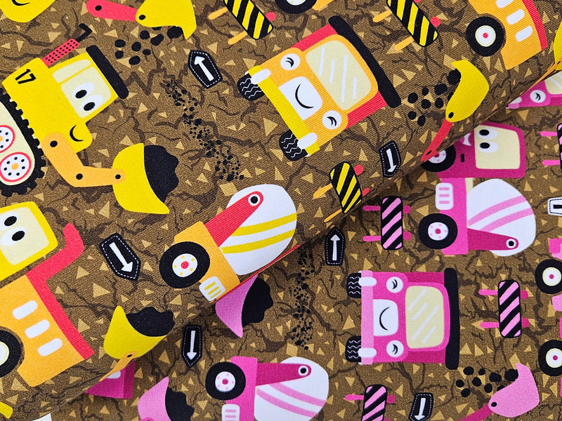 Digger Trucks - cotton lycra - 150cm wide
