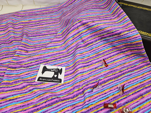 Pink Purple Faux Glitter Stripes - cotton lycra - 150cm wide