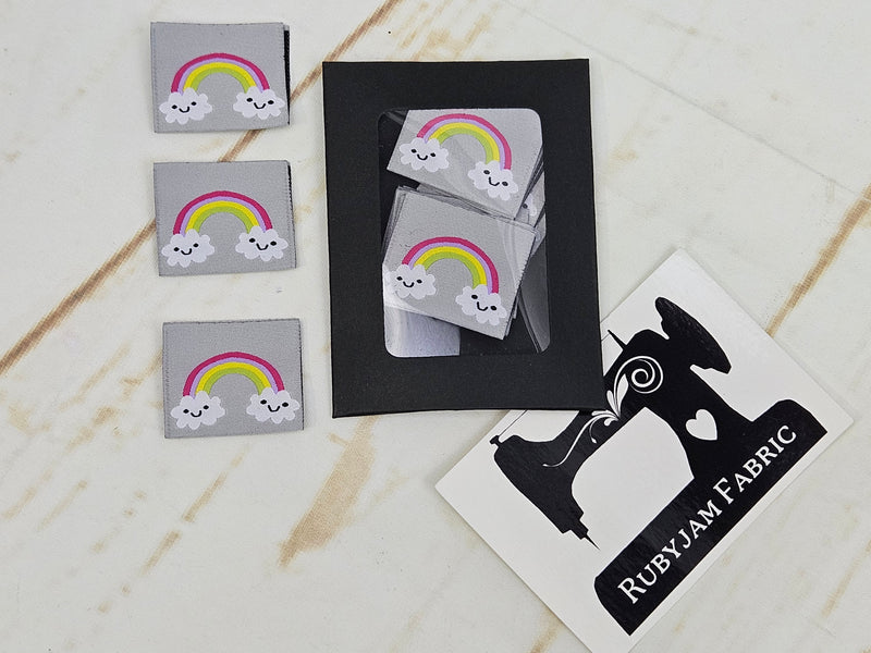 Kawaii Clouds Rainbow (Grey), Woven Clothing Labels - Pack of 10