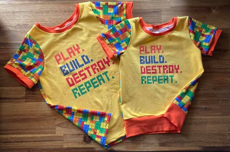 Red Yellow Building Bricks Blocks - cotton lycra - 150cm wide