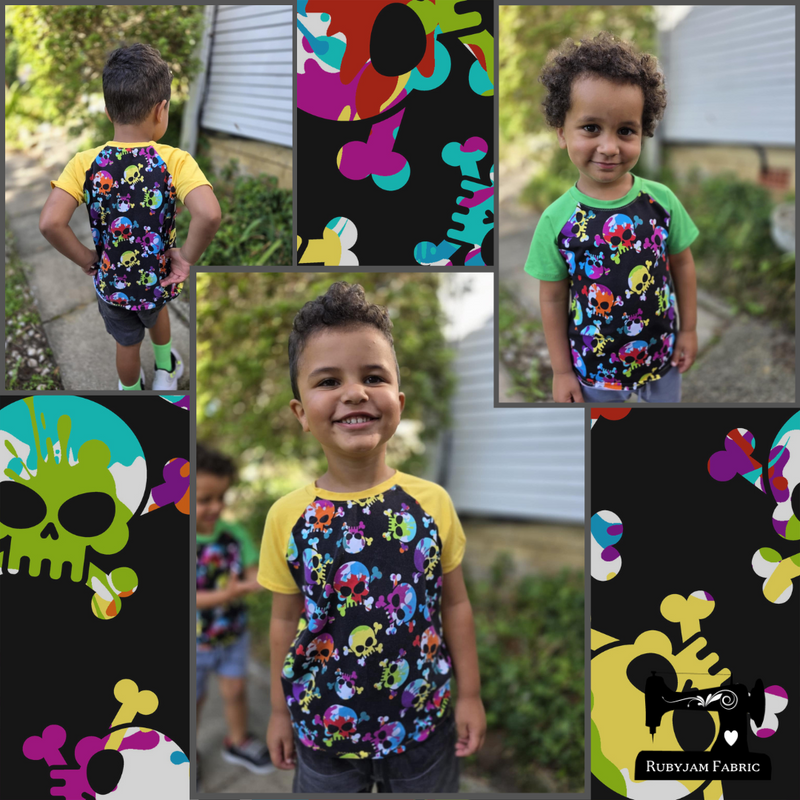 Bright Rainbow Skulls - cotton lycra - 150cm wide