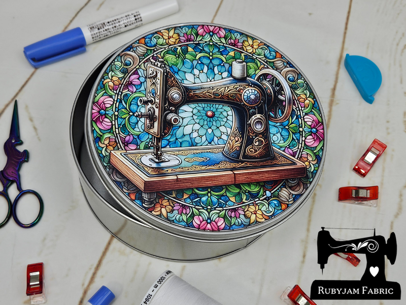 Stained Glass Sewing Machine, Design 2 - Sewing Storage Tin (Round) - Bespoke