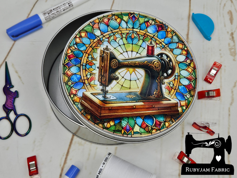 Stained Glass Sewing Machine, Design 3 - Sewing Storage Tin (Round) - Bespoke
