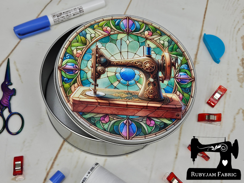 Stained Glass Sewing Machine, Design 4 - Sewing Storage Tin (Round) - Bespoke