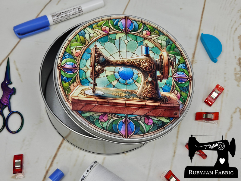 Stained Glass Sewing Machine - Sewing Storage Tin (Round) - Bespoke