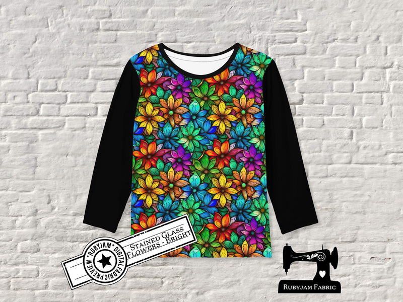 Stained Glass Flowers Bright - cotton lycra - 150cm wide