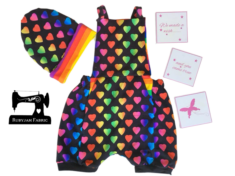 Rainbow Hearts - cotton lycra - 150cm wide - clearance