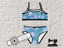 Purple Floral on Blue - cotton lycra - 150cm wide