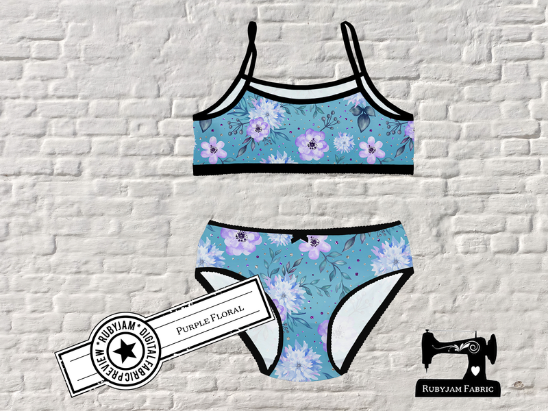 Purple Floral on Blue - cotton lycra - 150cm wide