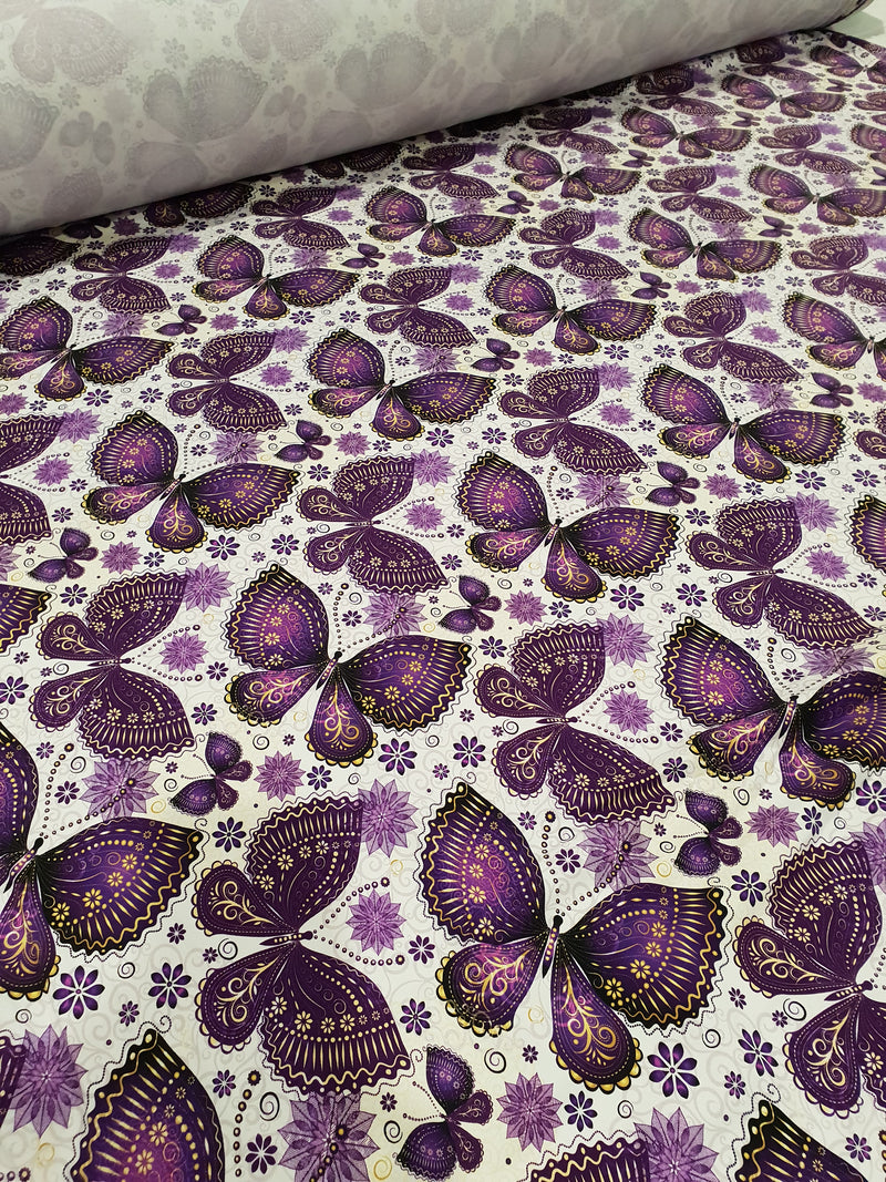 Purple Butterflies on White - cotton lycra - 150cm wide - clearance