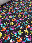 Brightly coloured skull printed cotton lycra jersey knit fabric. This stretch knit has a 4 way stretch.