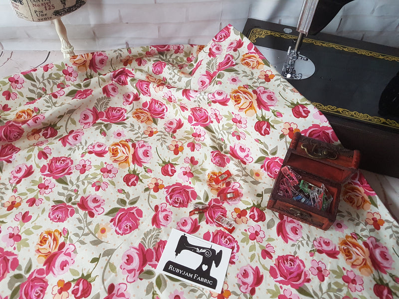 Pink Floral on Cream - cotton lycra - 150cm wide