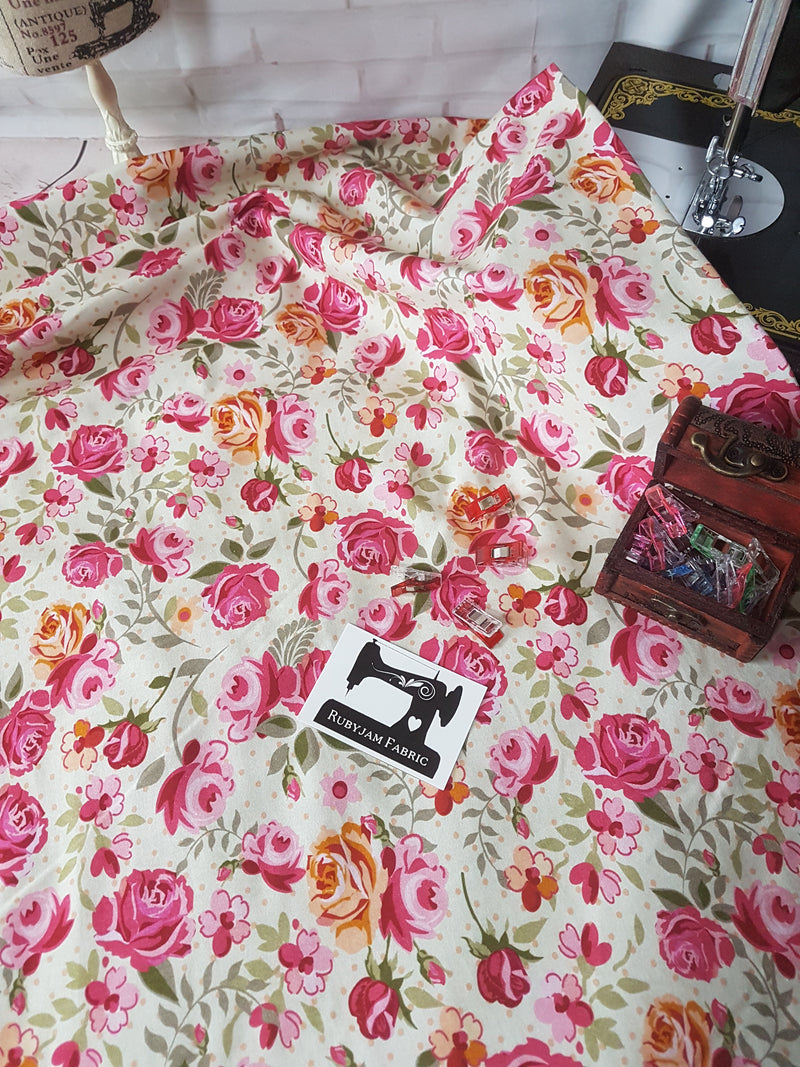 Pink Floral on Cream - cotton lycra - 150cm wide