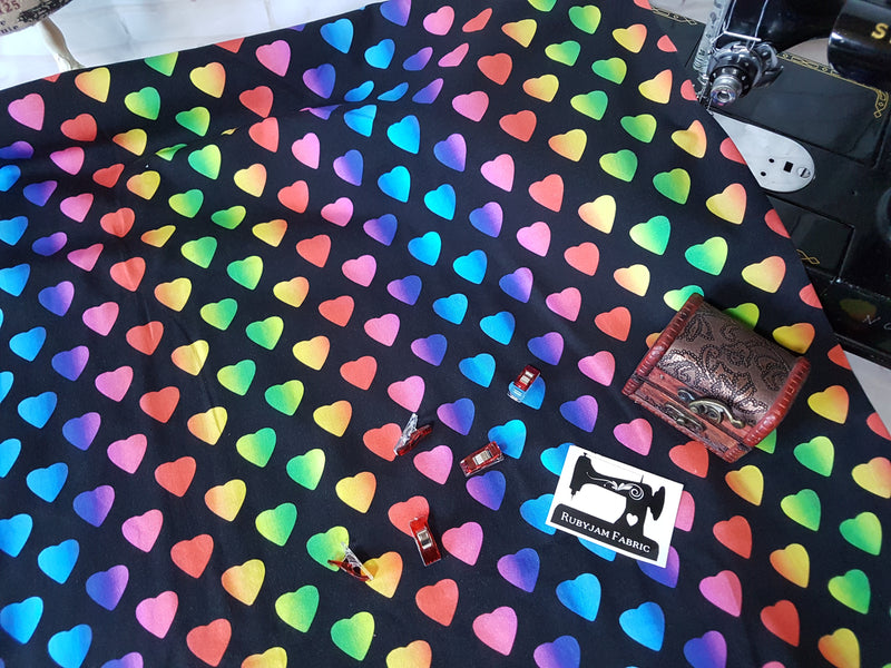Rainbow Hearts - cotton lycra - 150cm wide - clearance