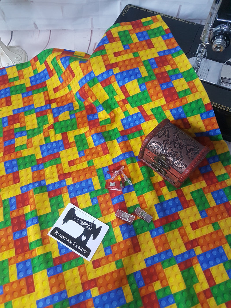 Red Yellow Building Bricks Blocks - cotton lycra - 150cm wide