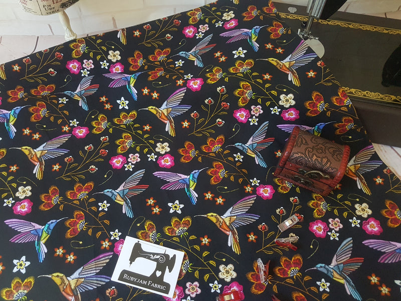 Embroidered Hummingbirds - cotton lycra - 150cm wide