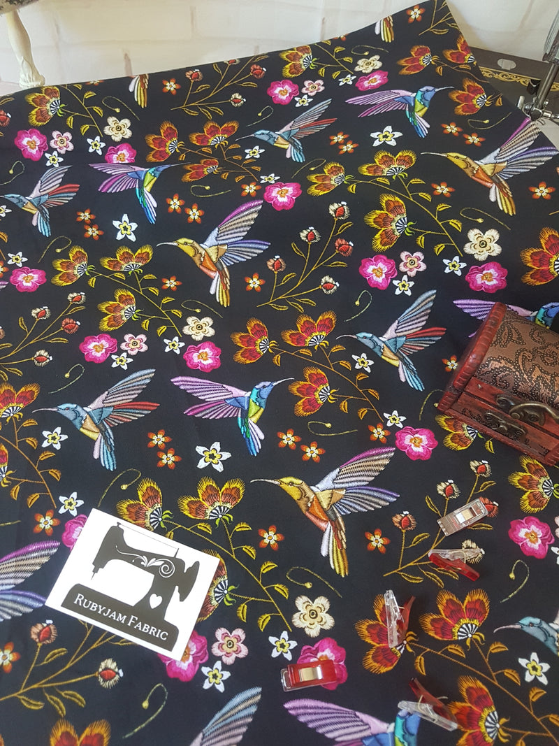 Embroidered Hummingbirds - cotton lycra - 150cm wide