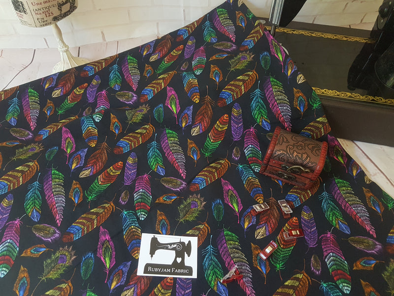Embroidered Feathers - cotton lycra - 150cm wide