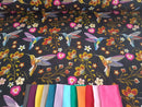 Embroidered Hummingbirds - cotton lycra - 150cm wide