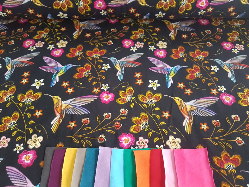 Embroidered Hummingbirds - cotton lycra - 150cm wide