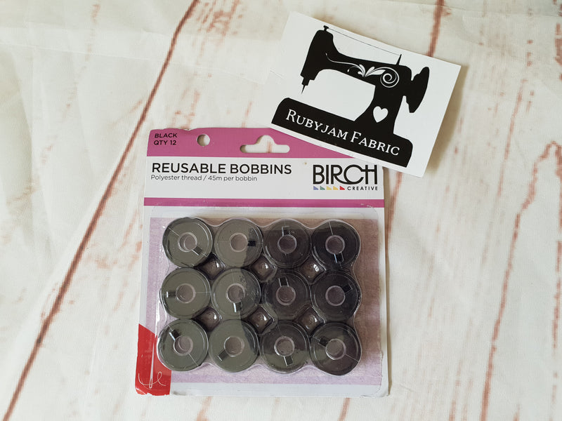 Birch pre-wound reusable bobbins colour BLACK - pack of 12 - clearance