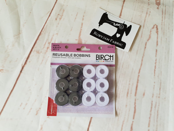 Birch pre-wound reusable bobbins mixed BLACK AND WHITE - pack of 12 - clearance